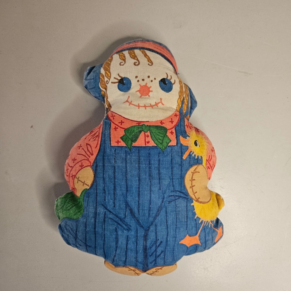Vintage Handmade Rag Doll Cloth Fabric Panel Girl in Overalls with Chick 7.5"